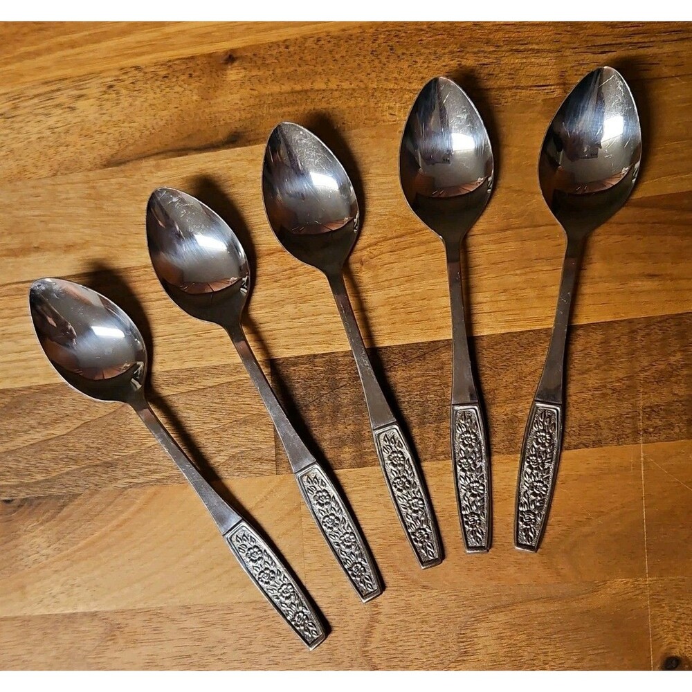 Lot Of 5 Vintage CustomCraft Stainless Steel Spoons CUS10 Rose Design Teaspoons